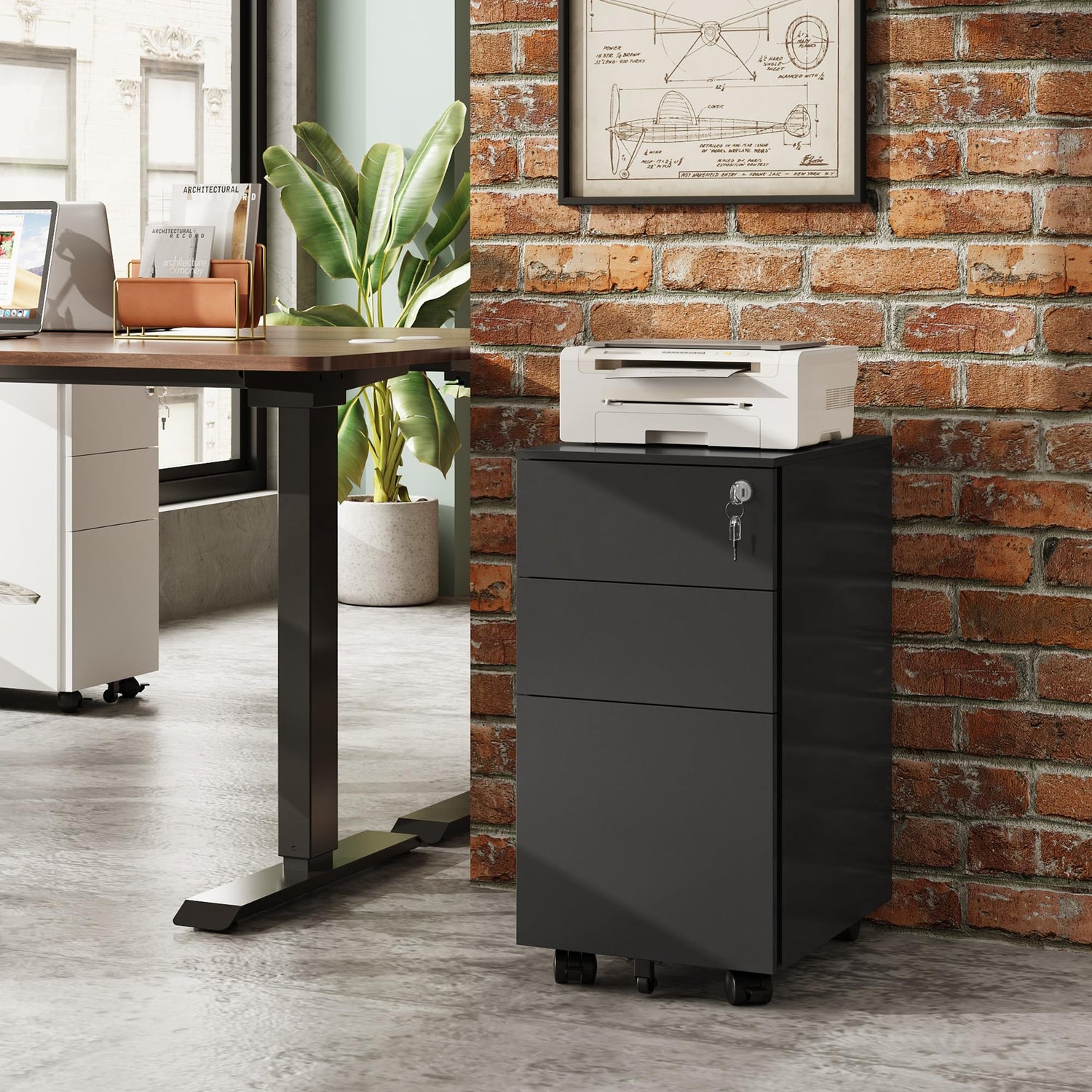 DEVAISE 3 Drawer Vertical File Cabinet, Mobile Filing Cabinet with Slim Width for Home Office, Black DEVAISE