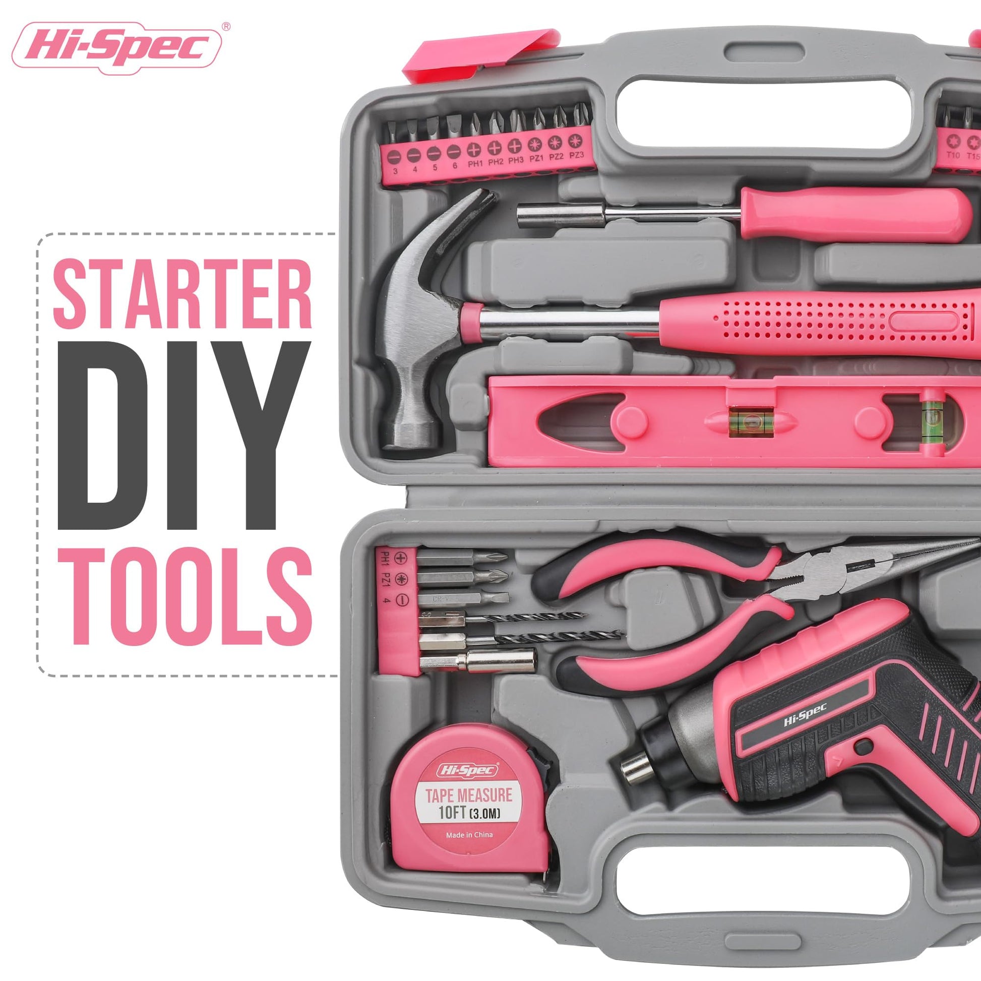 Hi-Spec 35pc Pink tool kit with 3.6V USB Electric Screwdriver and drill set. Complete women tool set - WoodArtSupply