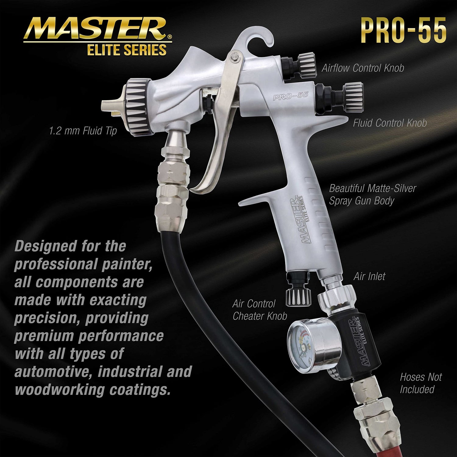 Master Elite High-Performance PRO-55 Series HVLP Pressure Feed Spray Gun with 1.2mm Tip - Ideal for Automotive Basecoats, Clearcoats, Primers, Master Airbrush