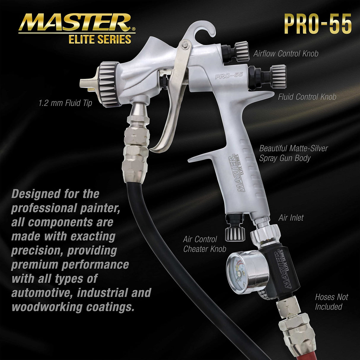Master Elite High-Performance PRO-55 Series HVLP Pressure Feed Spray Gun with 1.2mm Tip - Ideal for Automotive Basecoats, Clearcoats, Primers, Master Airbrush