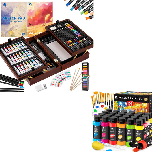 Deluxe Wooden Art Set & 40PCS Acrylic Paint Set with 12 Brushes, 2 Knives and Palette