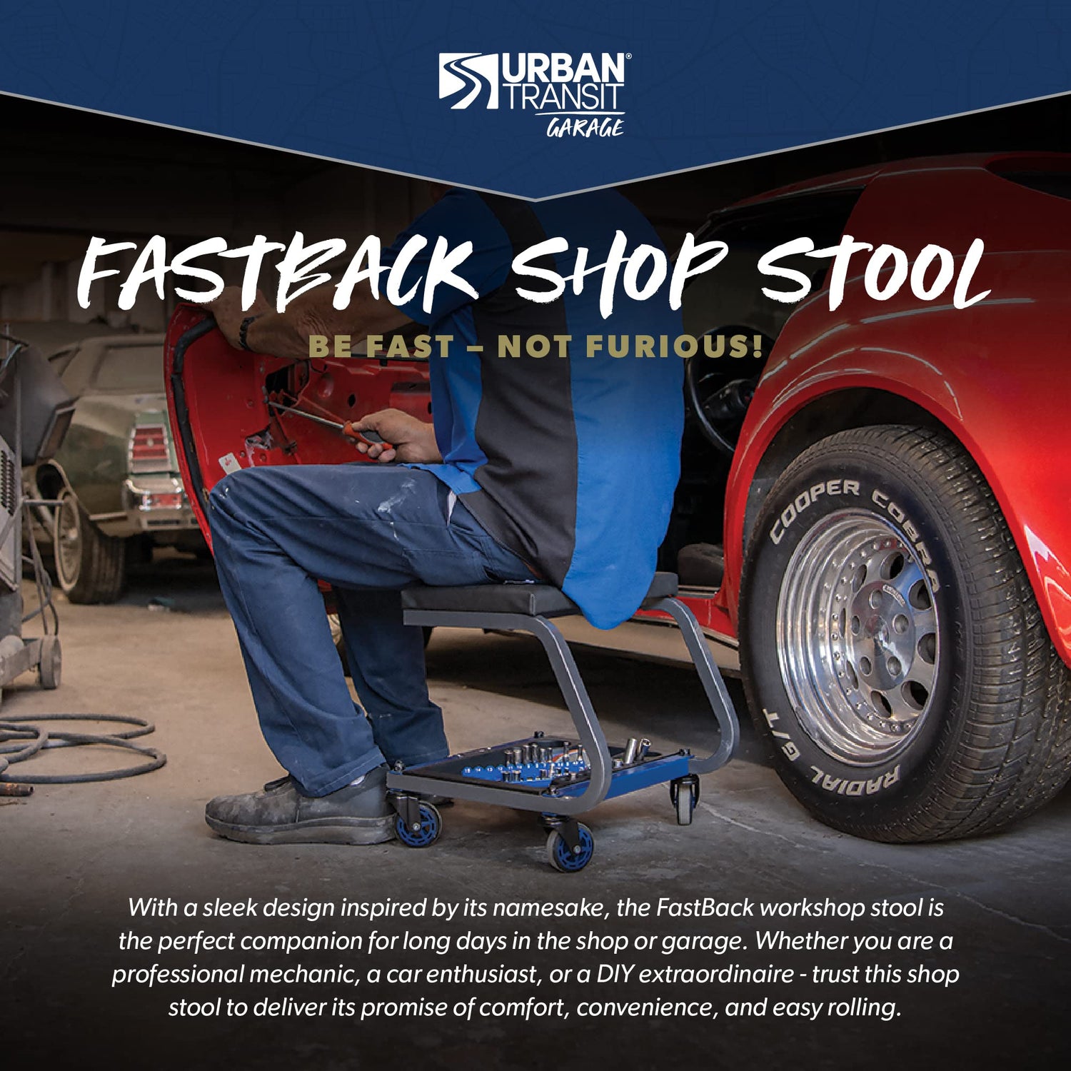 URBANTRANSIT FastBack Shop Stool - 350 Lb Capacity Rolling Stool for The Garage and Workshop, With Organizer Tray and Cupholder - 3 Inch Premium URBANTRANSIT