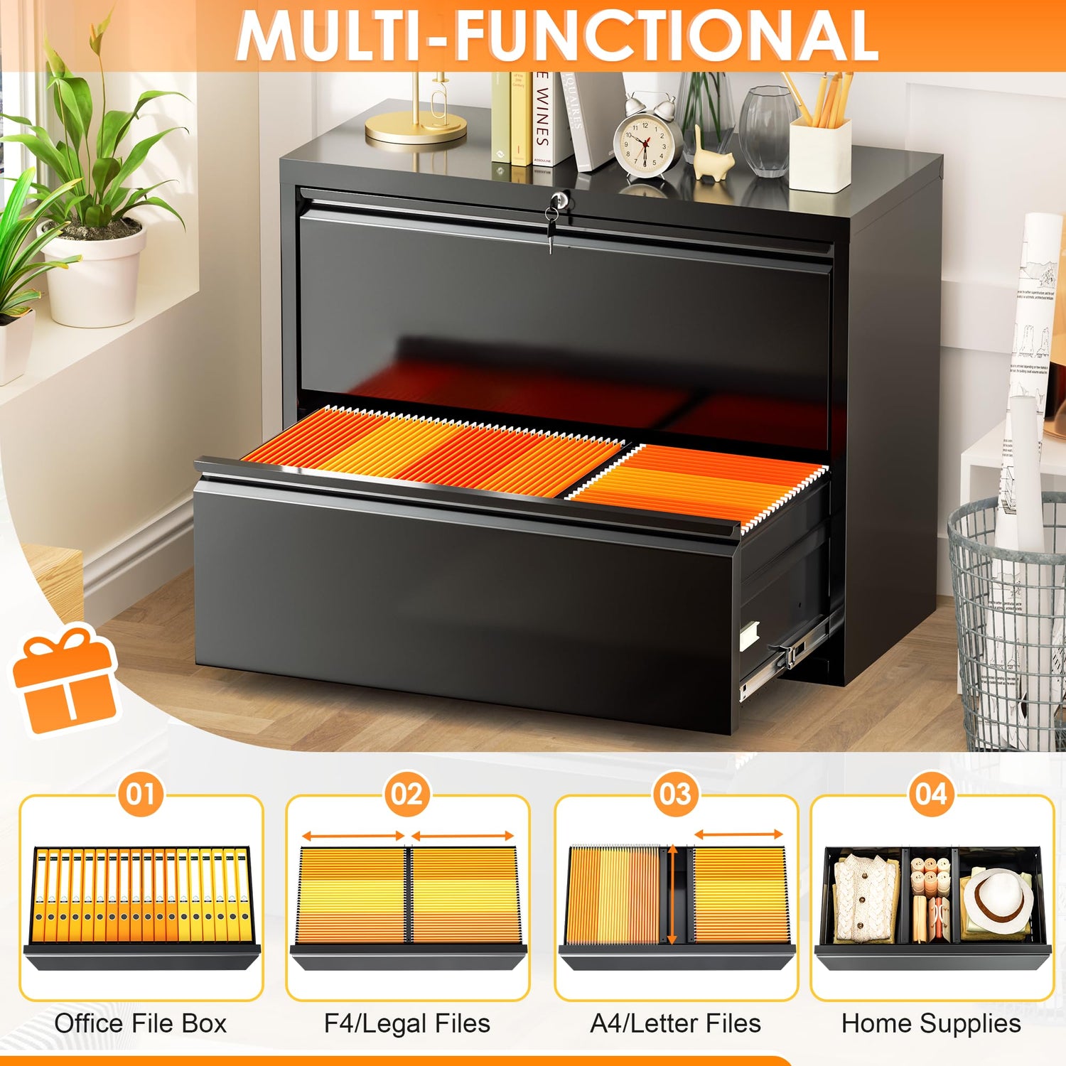 INTERGREAT File Cabinet 2 Drawers, Metal Lateral Filing Cabinet with Lock for Home Office, Locking Horizontal File Cabinet for Hanging Files INTERGREAT