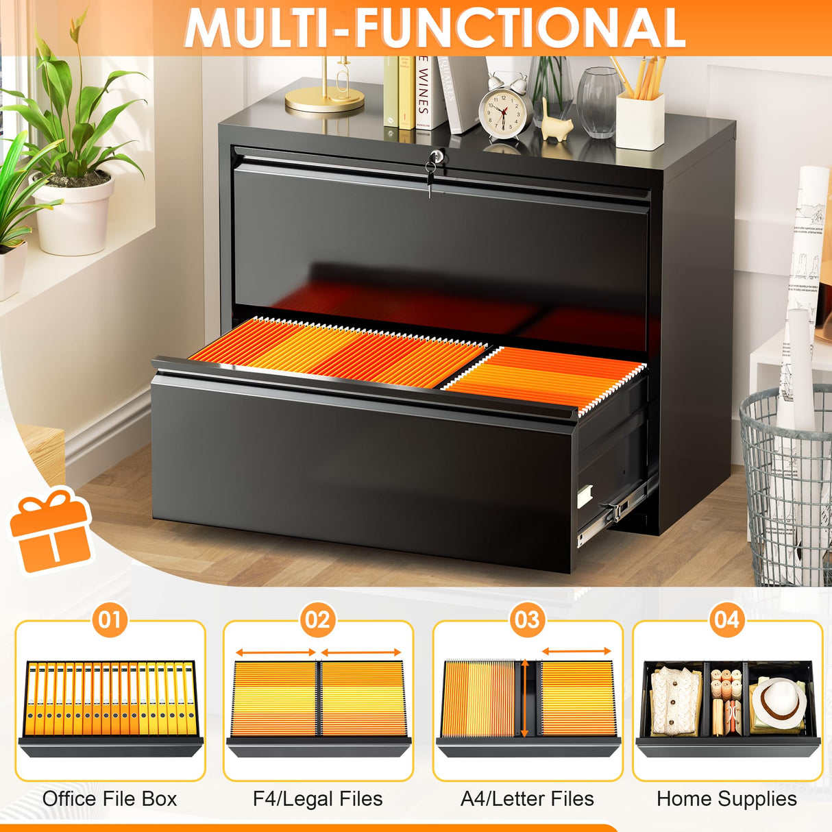 INTERGREAT File Cabinet 2 Drawers, Metal Lateral Filing Cabinet with Lock for Home Office, Locking Horizontal File Cabinet for Hanging Files INTERGREAT
