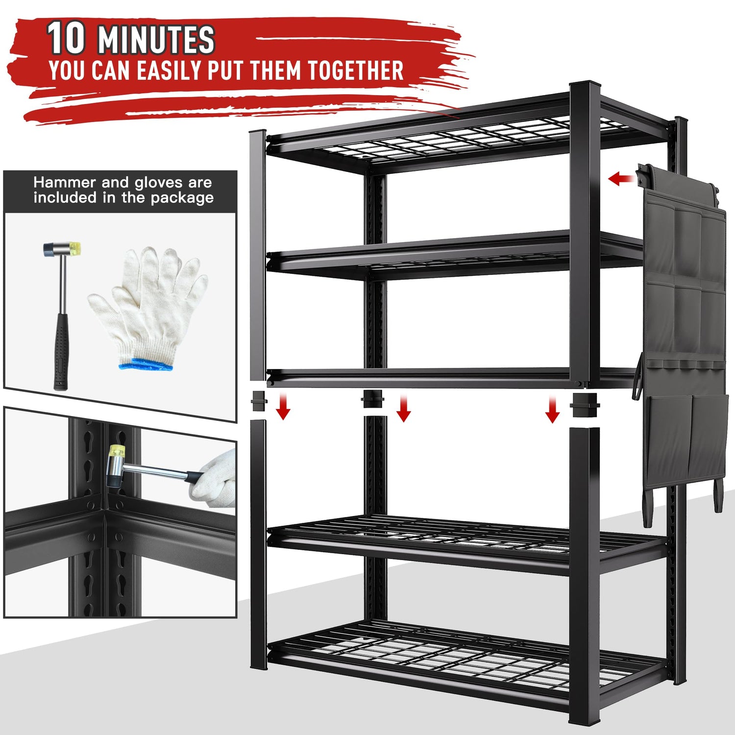 REIBII Garage Shelving Heavy Duty Load 2000LBS Garage Storage Shelves with Bag 5 Tier Adjustable Metal Storage Shelving for Gagrage Shelves Storage REIBII