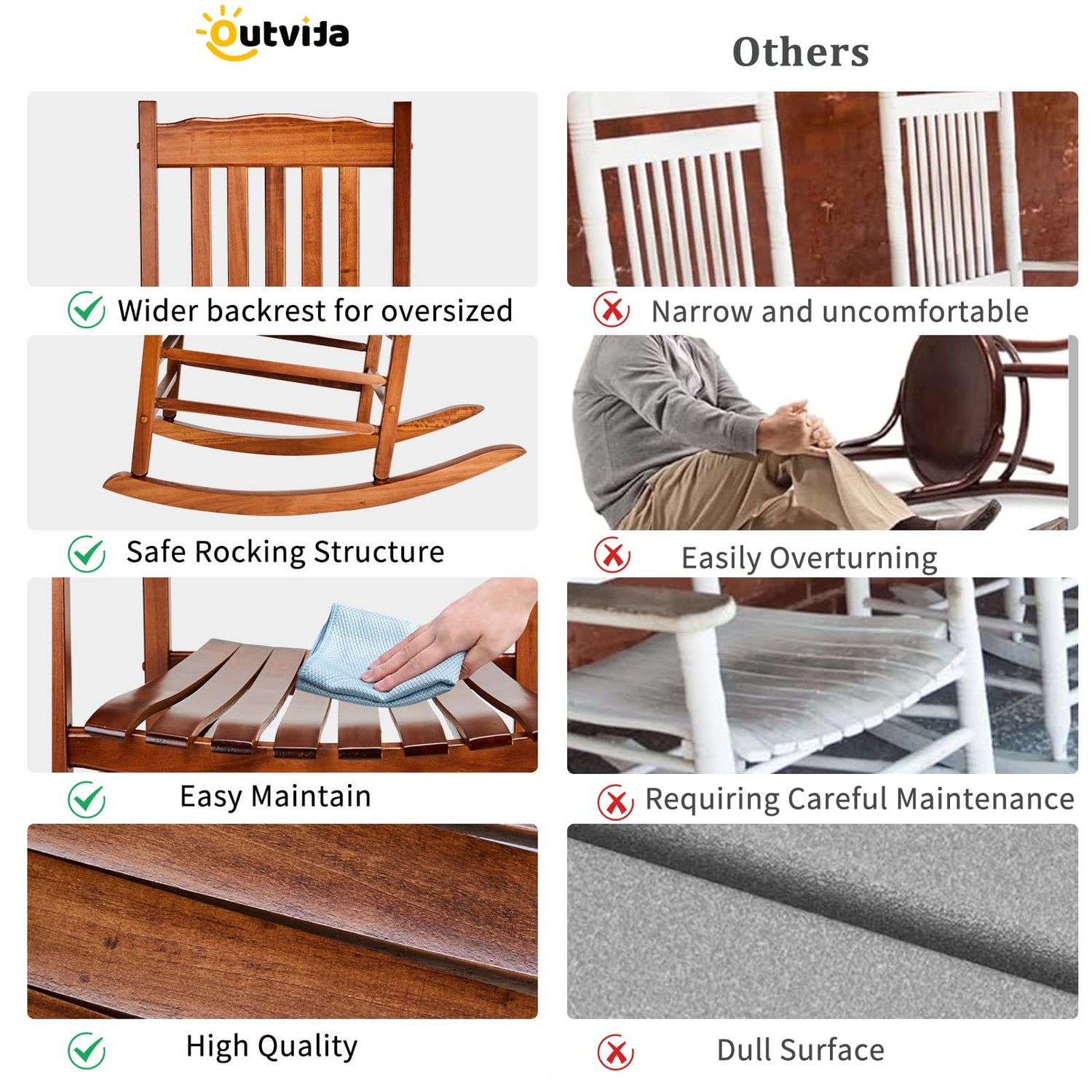 Outvita Outdoor Rocking Chair, Solid Wood High Back Rocker, All Weather Lounge Chair for Porch Patio Fire Pit Garden Backyard Deck Indoor, Wave Outvita