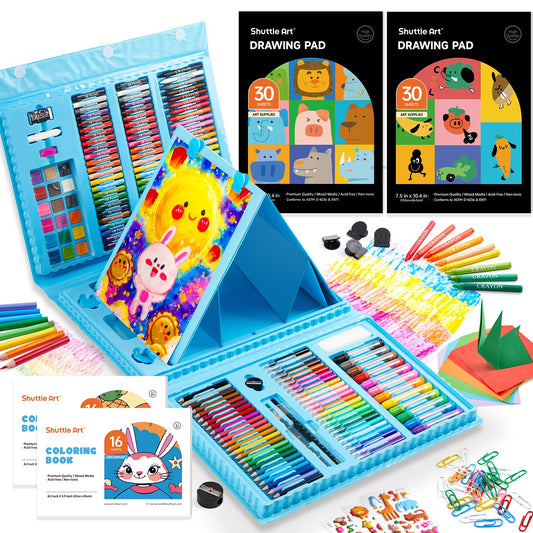 Shuttle Art 335 Piece Kids Art Set, Multi-Media Art Supplies, Gift Art Kit with Trifold Easel, 2 Drawing Pads, 2 Coloring Books, Oil Pastels, - WoodArtSupply