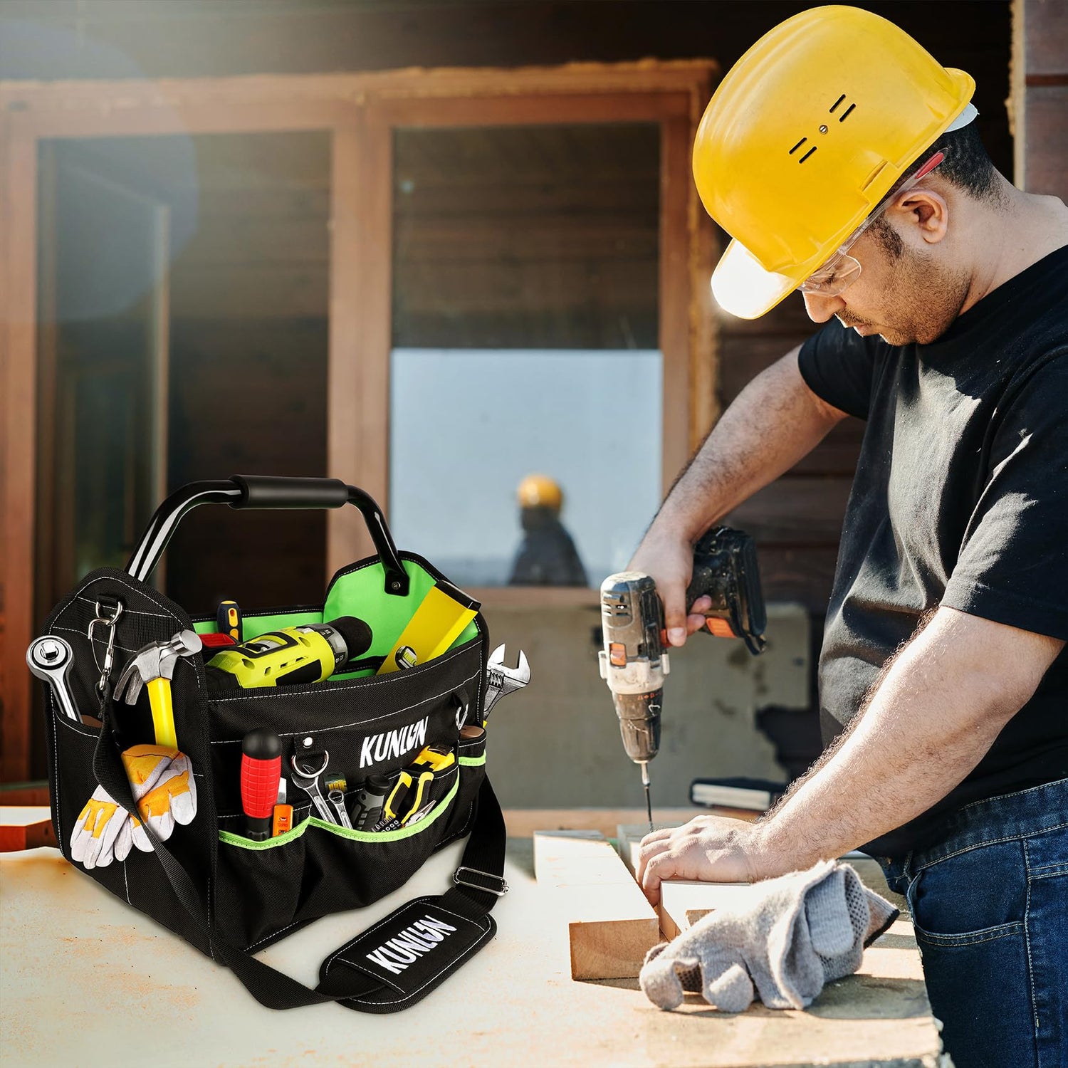 KUNLUN 17-Inch Open Top Tool Bag, Electrician Tool Bag, Tool Tote Bag Organizer for Easy Tool Access, 33 Pockets Foldable Tool Carrier with Rotating KUNLUN