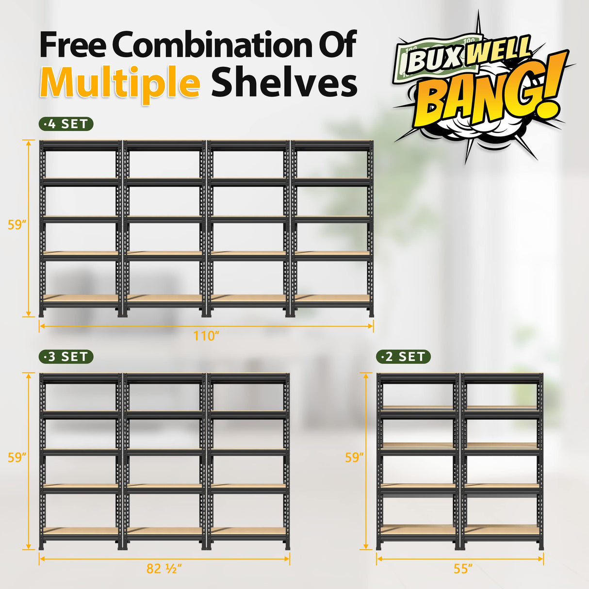 BuxWellBang 5-Shelf Heavy Duty Shelving - Adjustable Garage Storage Shelves, Metal Utility Storage Racks for Warehouse Pantry Basement Kitchen, BuxWellBang