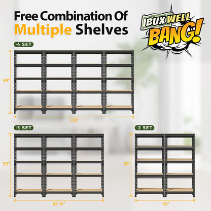 BuxWellBang 5-Shelf Heavy Duty Shelving - Adjustable Garage Storage Shelves, Metal Utility Storage Racks for Warehouse Pantry Basement Kitchen, - WoodArtSupply