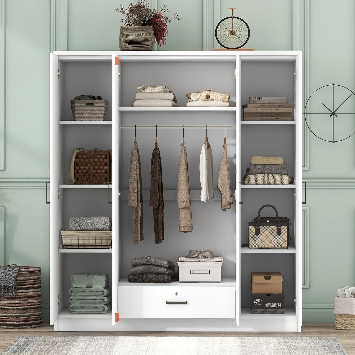 Wood Wardrobe Closet with 1 Storage Drawers and 9 Storage Shelves, Modern 4 Doors Large Armoire Wardrobe Cabinet for Bedroom, Free-Standing Garment Harper & Bright Designs