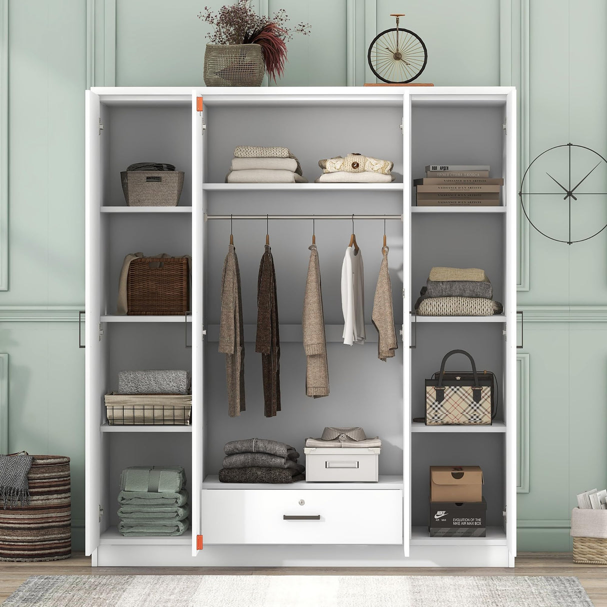 Wood Wardrobe Closet with 1 Storage Drawers and 9 Storage Shelves, Modern 4 Doors Large Armoire Wardrobe Cabinet for Bedroom, Free-Standing Garment Harper & Bright Designs