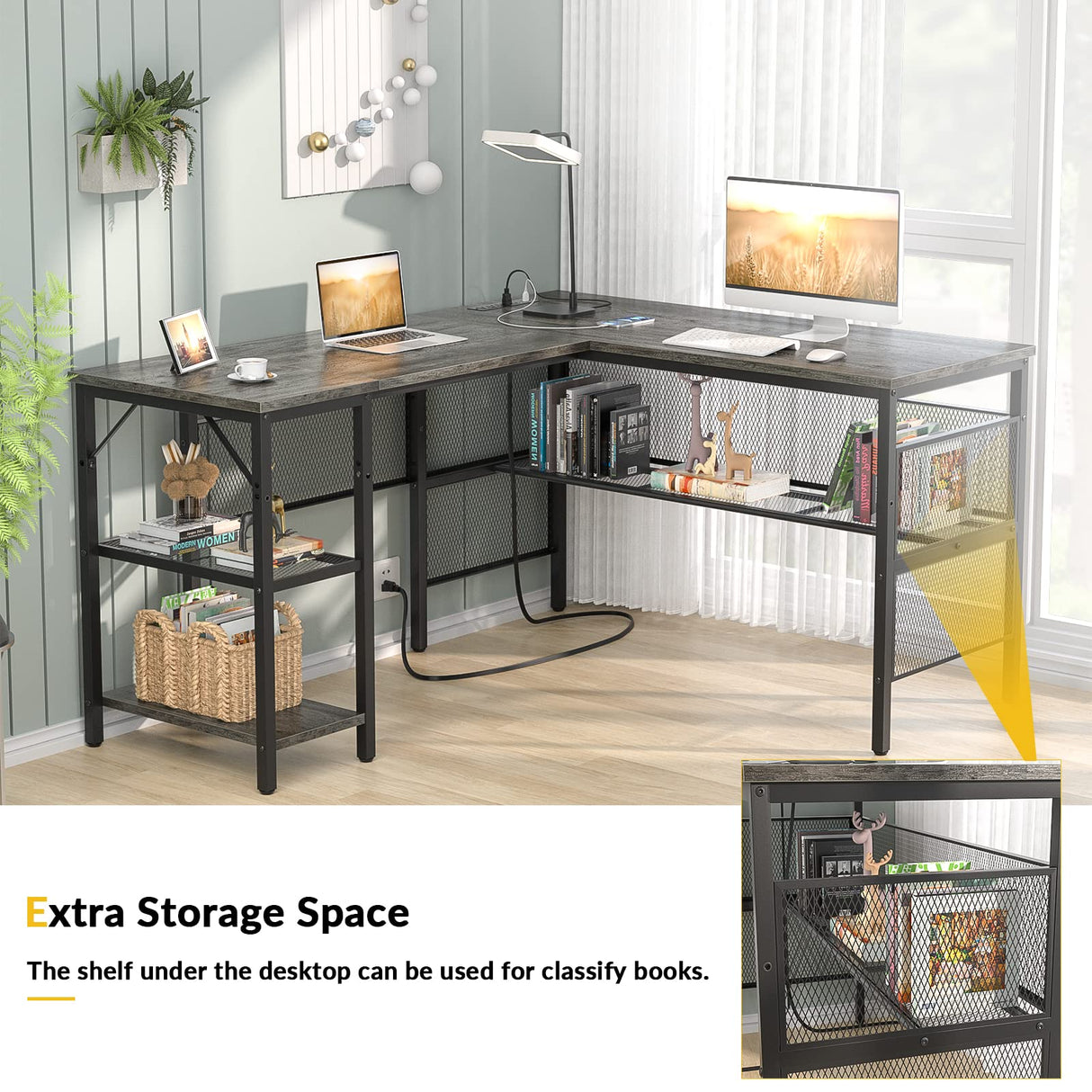 L-Shaped Computer Desk with USB Charging Port and Power Outlet - Unikito Industrial Reversible Corner Desk with Storage Shelves for Gaming and Office Use Unikito