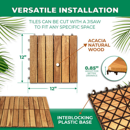 Interlocking Patio Deck Tile (Pack of 10, 12"x12") Acacia Hardwood Deck Tile in Solid Acacia Wooden Oiled Finish Waterproof All Weather Perfect for