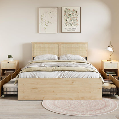 Natural Rattan Headboard Queen Bedframe with 4 Storage Drawers and Footboard, Boho Wooden Platform Bed with Sturdy Steel Frame and Strong Wooden