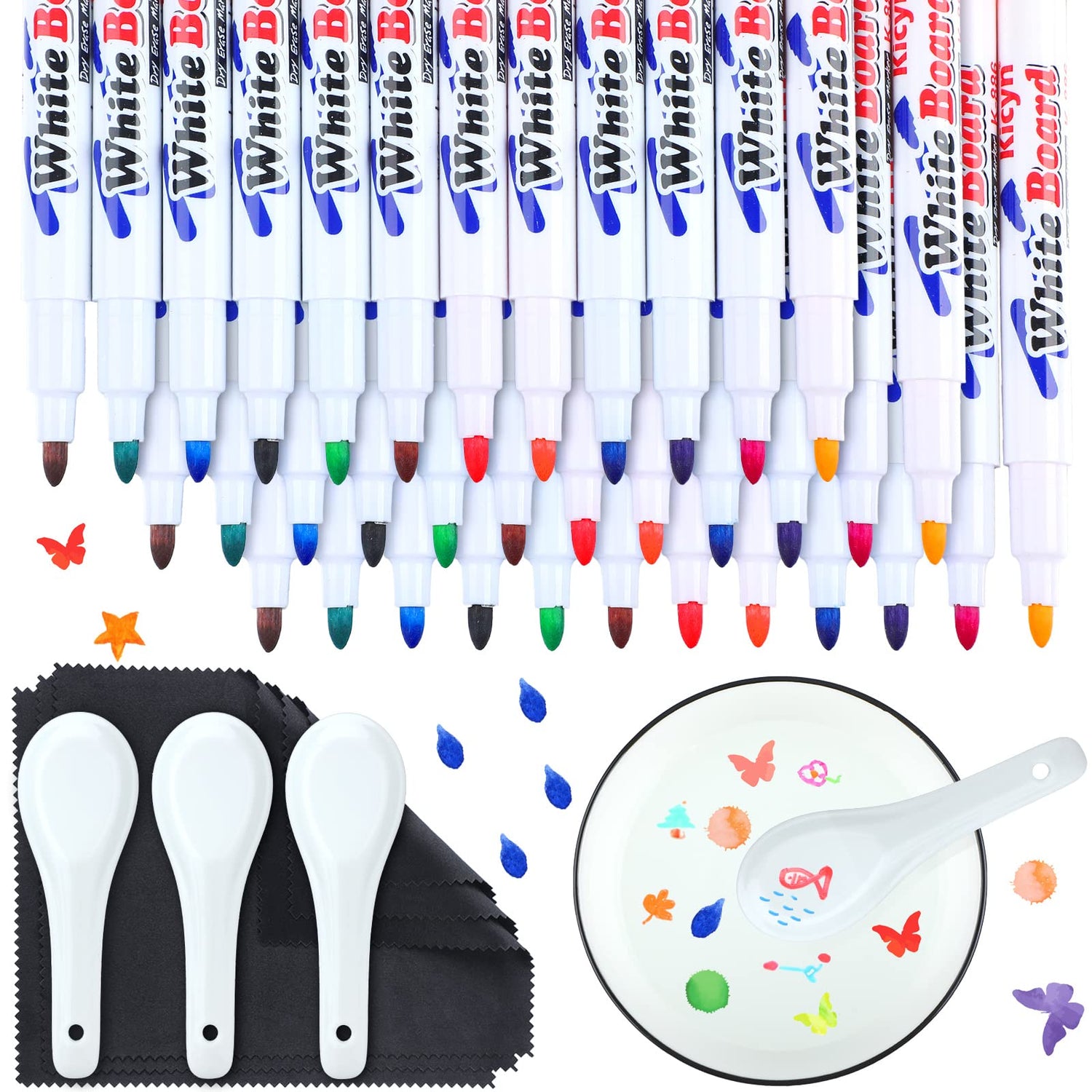 36 Pcs Magical Water Painting Pen with Spoon and Wipe, 12 Colors Magical Floating Ink Pen with Spoon Magical Doodle Drawing Pens Ceramic Painting Kit Teling