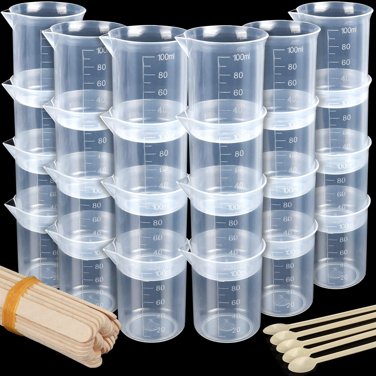 LEOBRO 24 PCS 100ml Resin Measuring Cups with 35PCS Mixing Sticks, Graduated Epoxy Resin Mixing Cups, Small Beaker, Plastic Measuring Cup for Epoxy LEOBRO