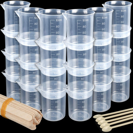 LEOBRO 24 PCS 100ml Resin Measuring Cups with 35PCS Mixing Sticks, Graduated Epoxy Resin Mixing Cups, Small Beaker, Plastic Measuring Cup for Epoxy LEOBRO