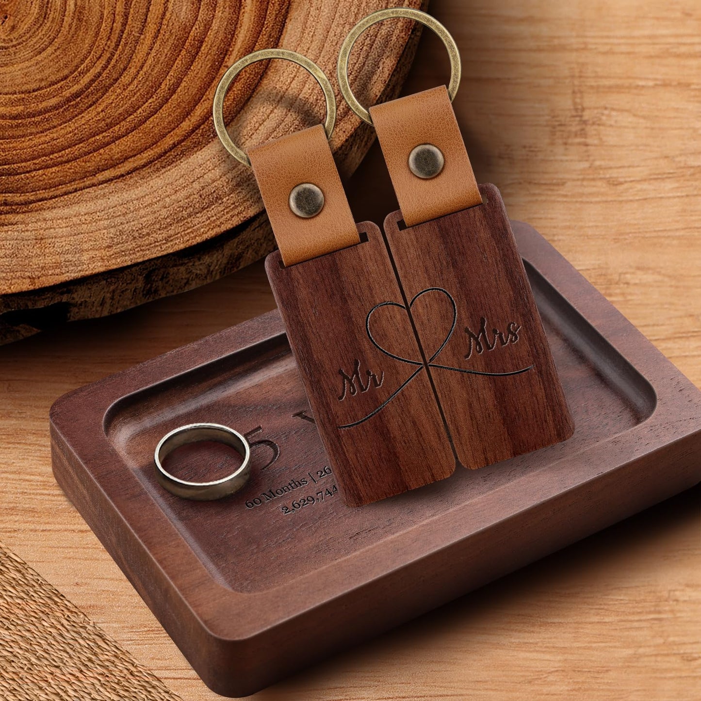 MISTOD Wood Ring Dish & Keychain- Engraved Rectangle Ring Tray Small Jewelry Dish, 5th Marriage Anniv Gifts Set | 5 Year Wedding Anniv Valentine's - WoodArtSupply