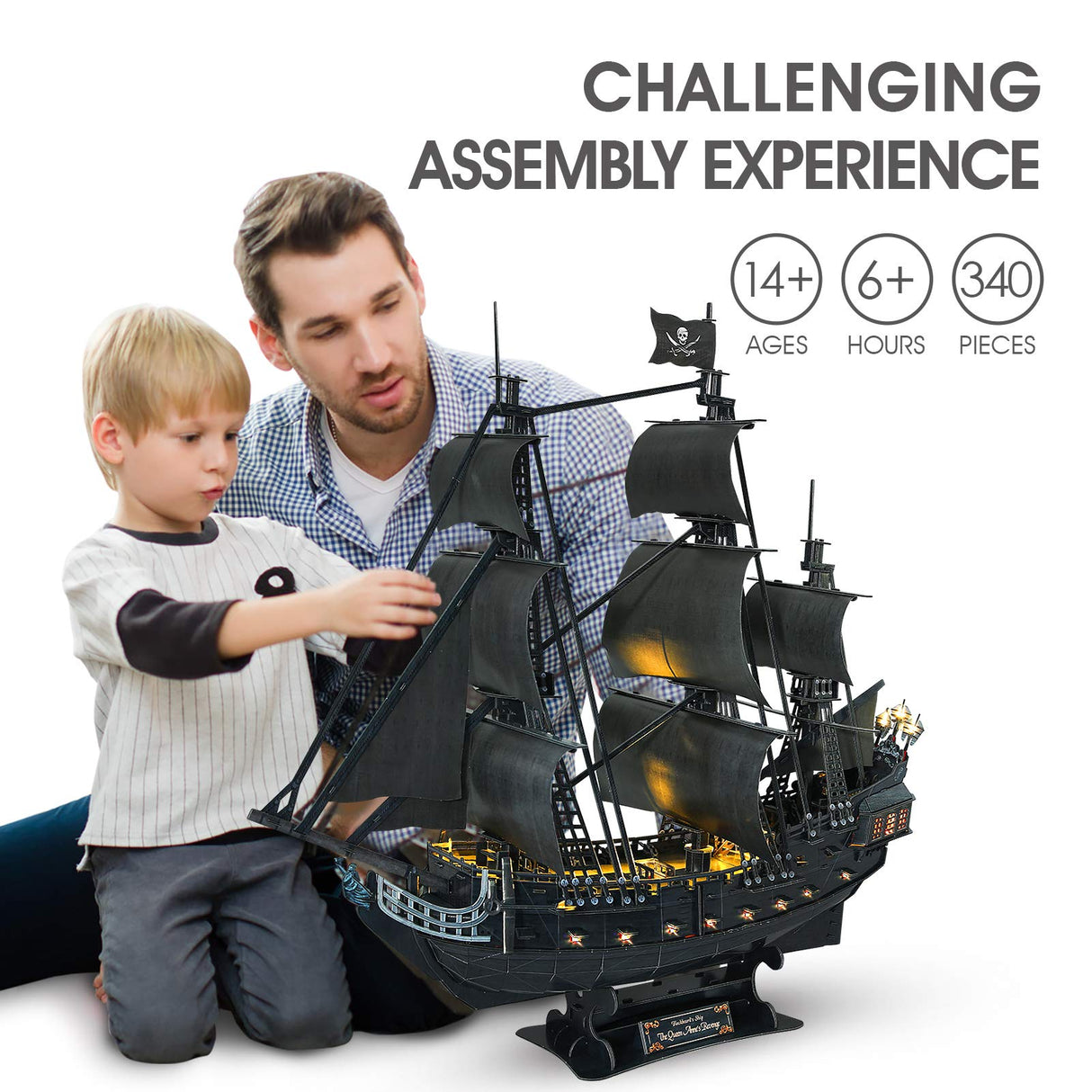 3D Puzzles for Adults - Led Pirate Ship Queen Anne's Revenge - Large 27'' Sailboat Hard Puzzles - Desk Decor House Warming Gifts New Home - CubicFun