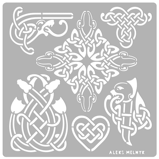 Aleks Melnyk #39.2 Metal Journal Stencil, Celtic Knot, Dragon, Scandinavian, Viking Symbols, Stainless Steel Stencil 1 PCS, Template Tool for Wood - WoodArtSupply