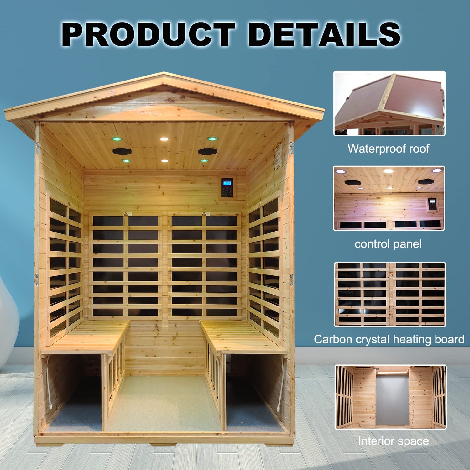 Kanlanth Far Infrared Sauna Low EMF Wooden Sauna for Home, 4 Person Outdoor Sauna Room, 2,050watt, Canadian Hemlock, Indoor Home Sauna with Kanlanth