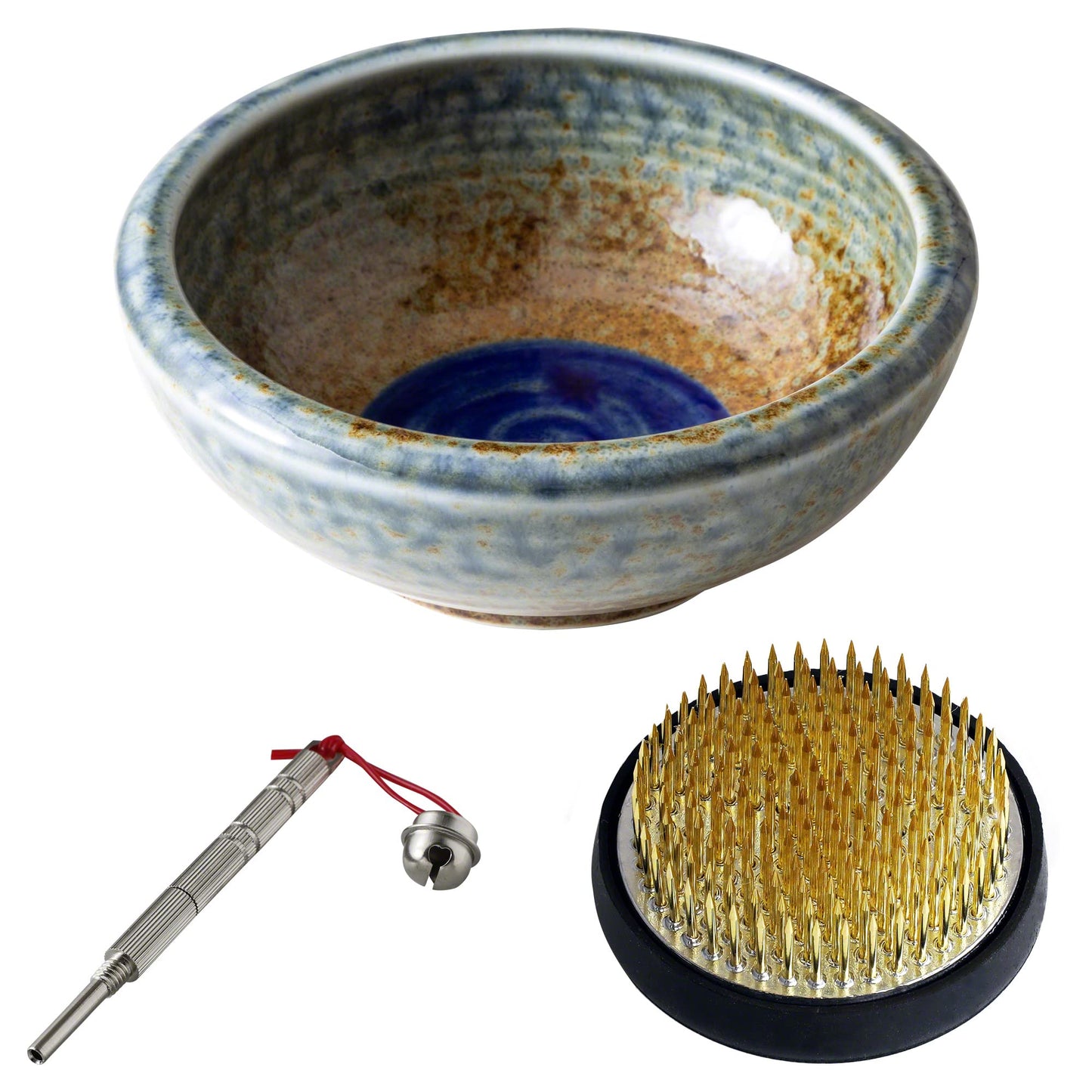 Wazakura Made in Japan Ikebana for Beginners Tool Kit, Minoyaki Brown & Blue Flower Vase, 2.4in (61mm) Brass Kenzan Holder, Cleaner (Minoyaki