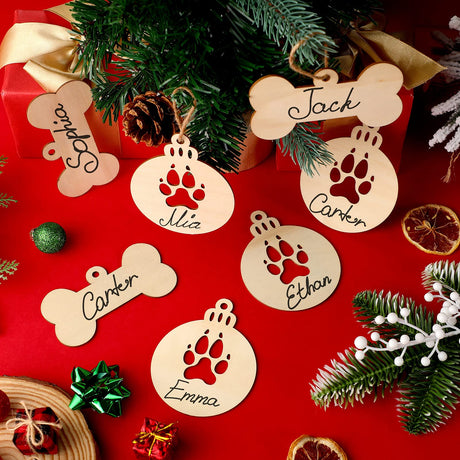 48 Pieces Christmas Dog Paw Wooden Ornaments Hanging Personalized Dog Ornaments Dog Bone Ornaments Pet Memorial Blank Ornaments Pet Name Tags with Jetec