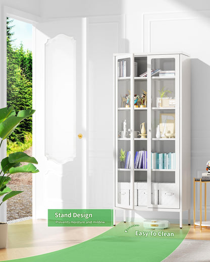 Greenvelly White Metal Storage Cabinet, Tall Curio Display Glass Cabinet Bookcase with 2 Glass Doors and 4 Shelves, Modern Floor Utility Locker for