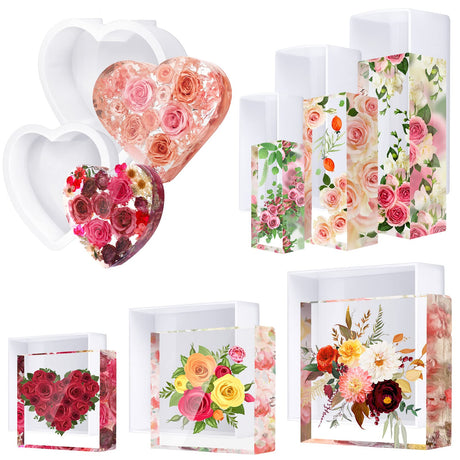 8 Pcs Large Silicone Molds for Resin Square Rectangle Heart Shaped Flower Preservation Kit for Resin Glossy Deep Epoxy Molds Silicone Deep Resin Irenare