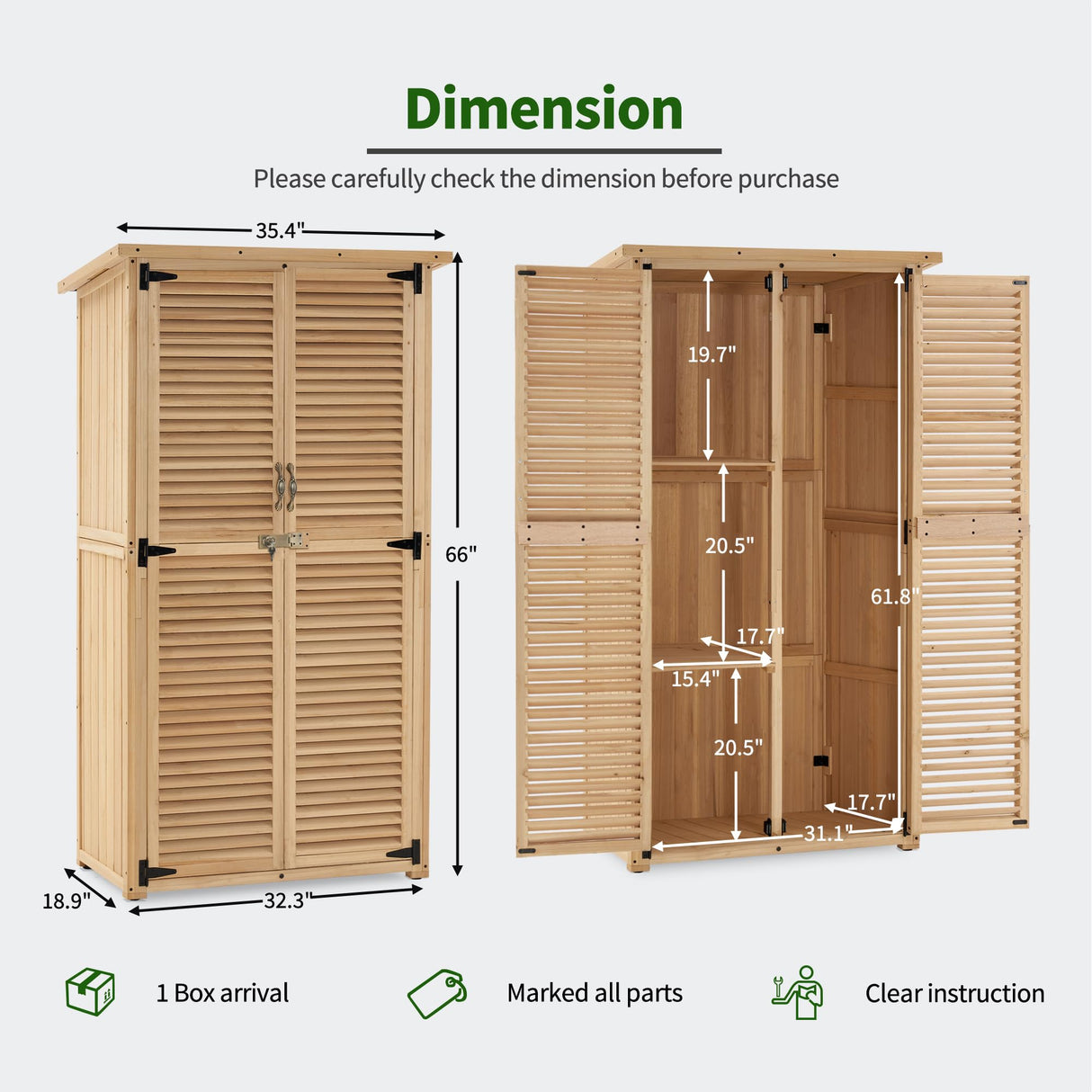 MCombo Outdoor Wooden Storage Cabinet, Garden Tool Shed with Latch, Outside Tools Wood Cabinet with Double Doors for Patio 0808 (Natural, Medium) MCombo