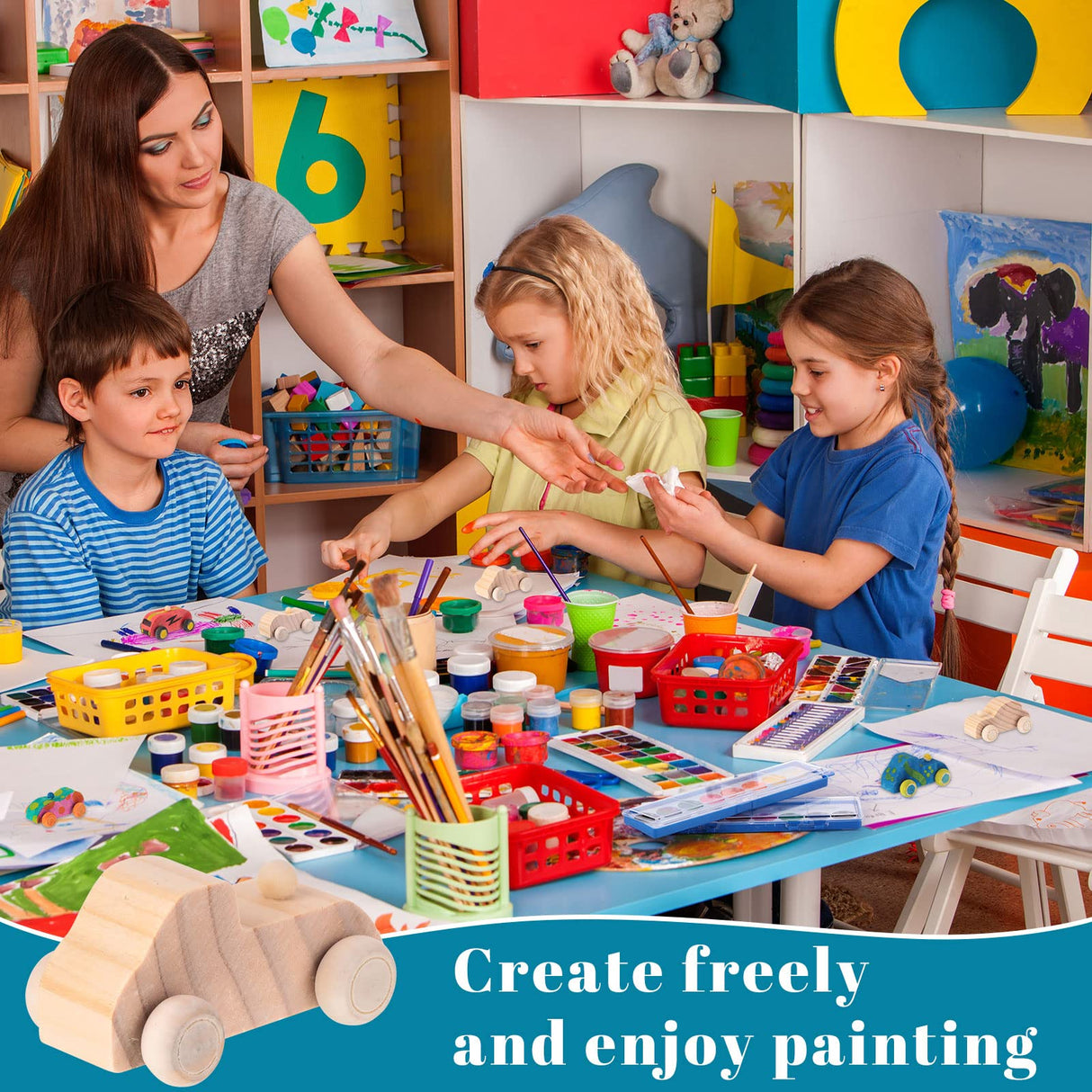 Leitee 12 Sets Unfinished Paintable Wooden Cars DIY Toys with Watercolor Paint Wooden Toy Cars Wood Crafts for Woodworking School Family Arts Home Leitee