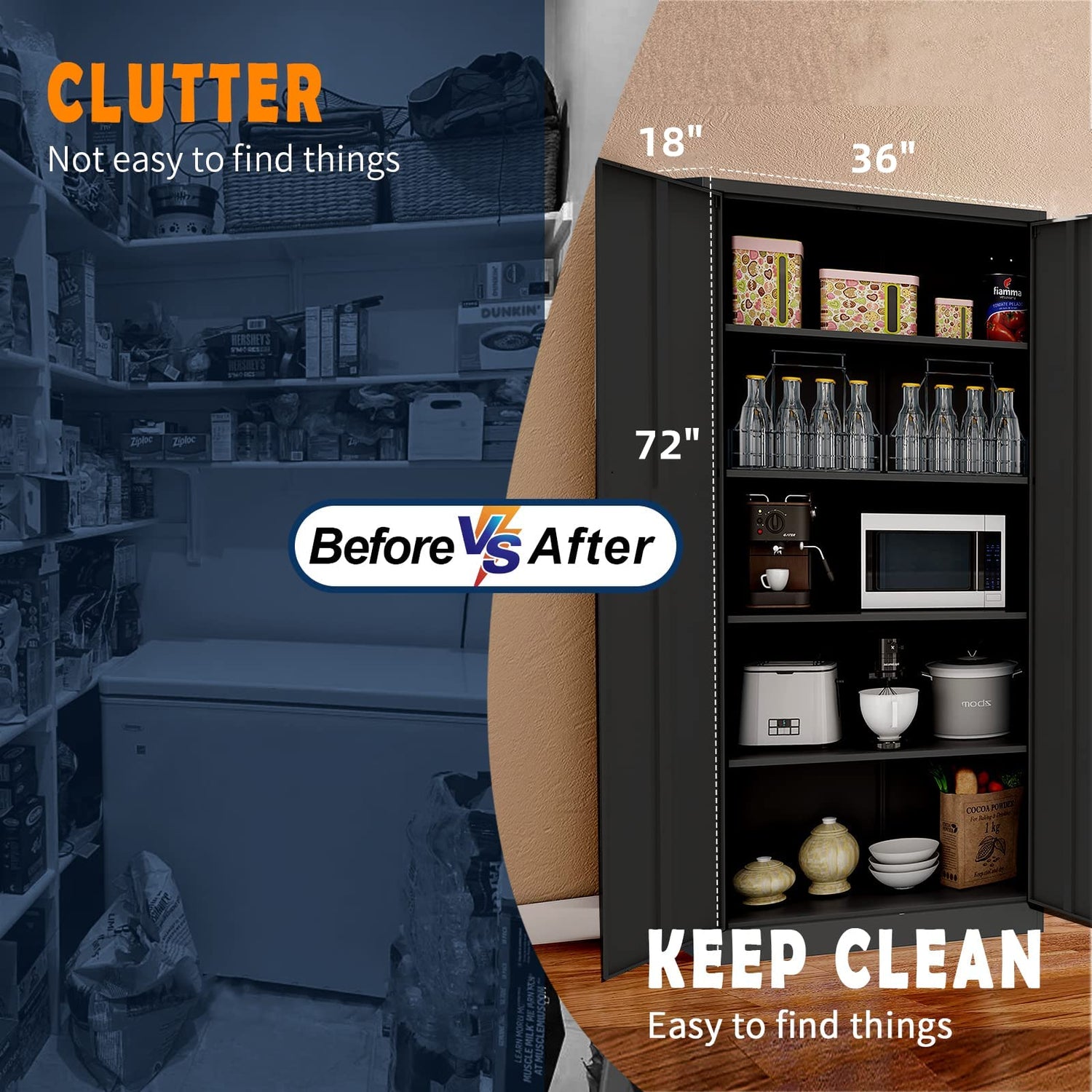 Yizosh Metal Storage Cabinet with Lock - 72" Garage Storage Cabinet with 2 Locking Doors and 5 Adjustable Shelves, Black Steel Lockable File Cabinet Yizosh