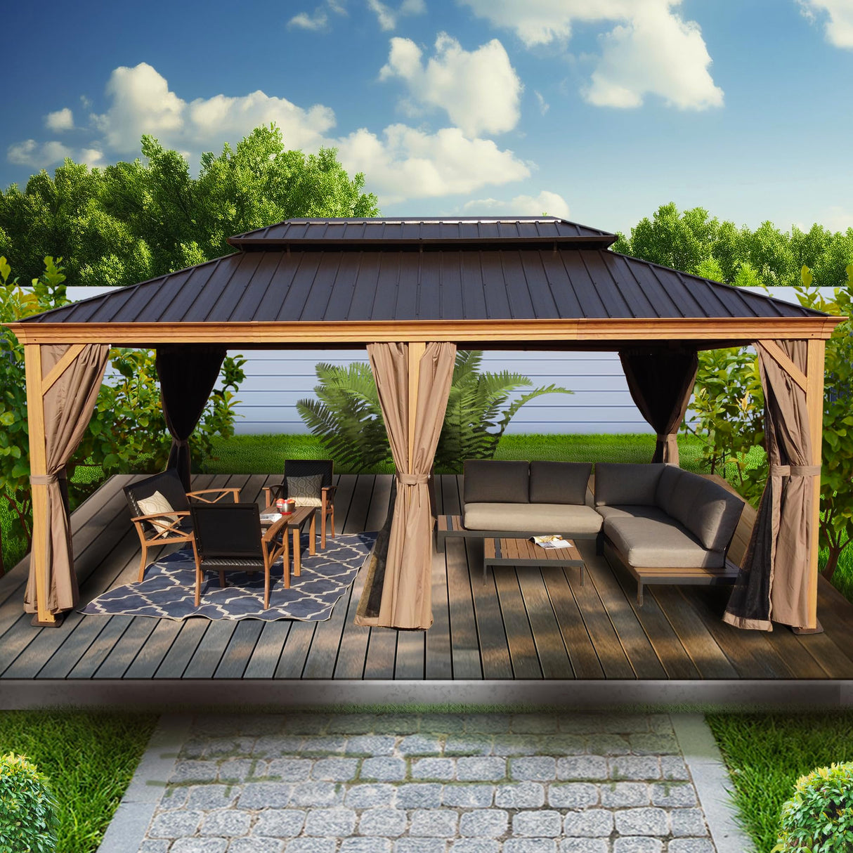 Kozyard Apollo 12’x20’ Hardtop Gazebo, Wooden Coated Aluminum Frame Canopy with Galvanized Steel Double Roof, Outdoor Permanent Metal Pavilion with Kozyard