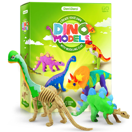 Dino Models, Clay Craft Kit - Dinosaur Arts and Crafts for Kids- Build a Dinosaur Gifts for Boys & Girls - Build 4 Dinos with Air Dry Magic Modeling Dan&Darci