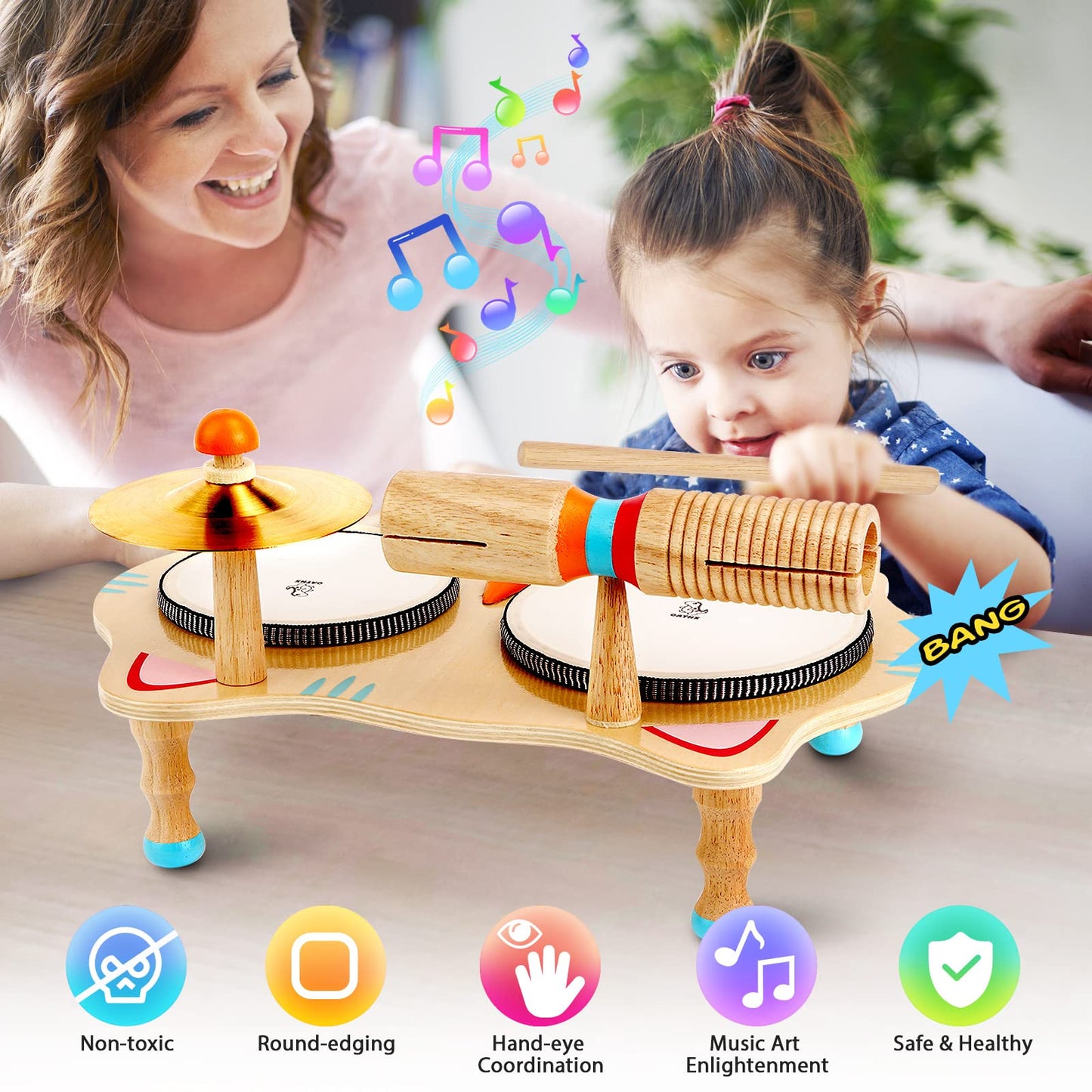 oathx Kids Drum Set All in One Montessori Musical Instruments Set Toddler Toys Natural Wooden Music Kit Baby Sensory Toys Months Birthday Gifts for - WoodArtSupply