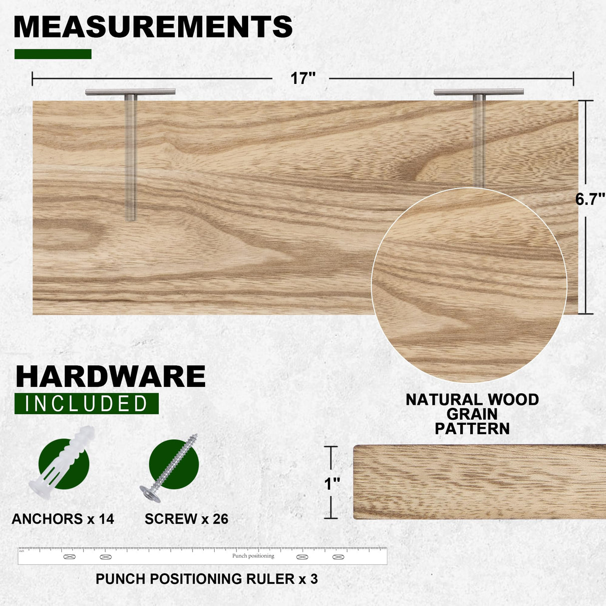 Floating Shelves, 17 Inch Wall Shelf Set of 3, Rustic Wood Shelves for Wall Storage, Wall Mounted Wooden Display Shelf for Bedroom Kitchen, Marsmiles