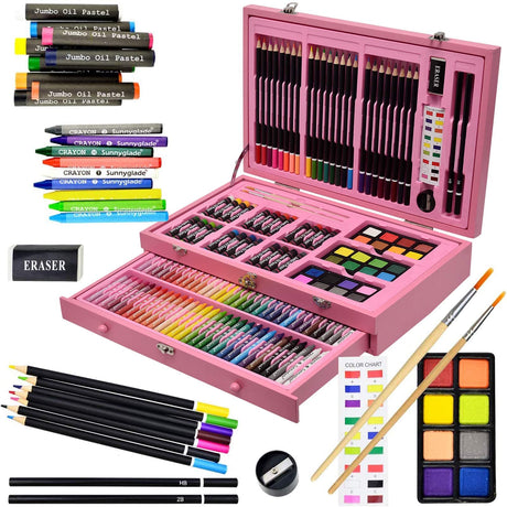Sunnyglade 145 Piece Deluxe Art Set, Wooden Art Box & Drawing Kit with Crayons, Oil Pastels, Colored Pencils, Watercolor Cakes, Sketch Pencils, Paint Sunnyglade