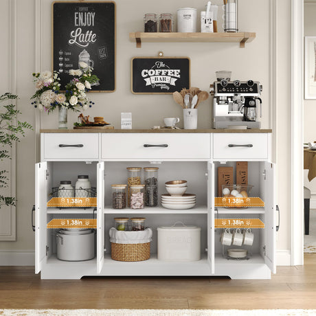 HOSTACK Buffet Cabinet with Drawers, 55" Large Sideboard Buffet Storage Cabinet with Shelves & 4 Doors, Modern Farmhouse Coffee Bar Cabinet Wood HOSTACK