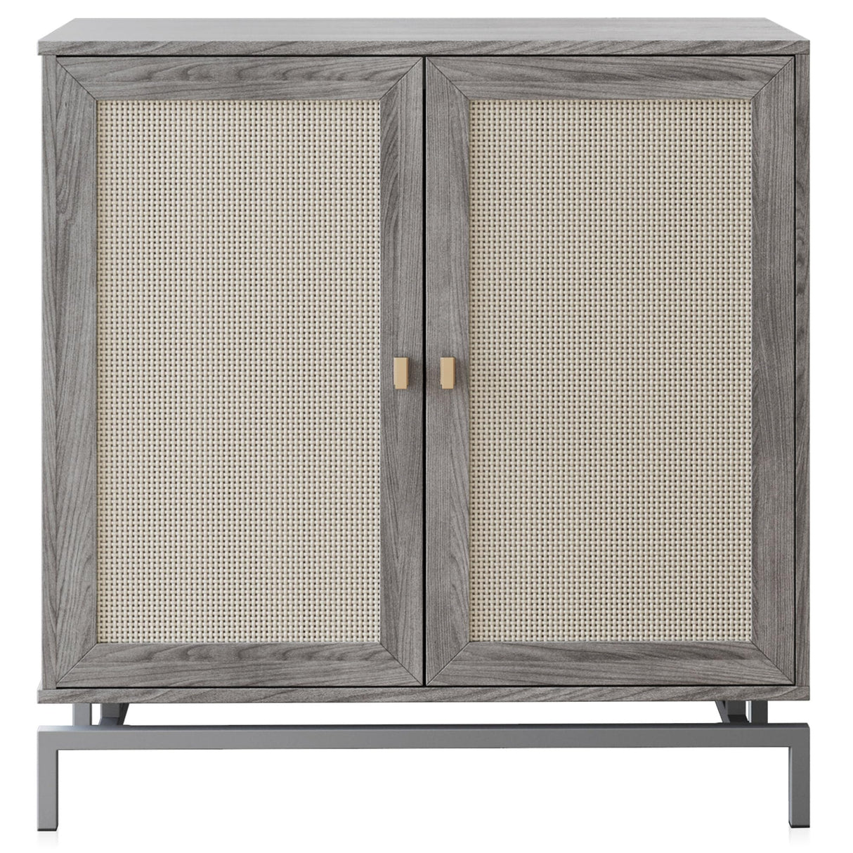 BELLEZE Sideboard Buffet Cabinet Set of 2, Storage Cabinet with Rattan Doors, Buffet Table with Metal Base and Adjustable Shelves Accent Cabinet BELLEZE