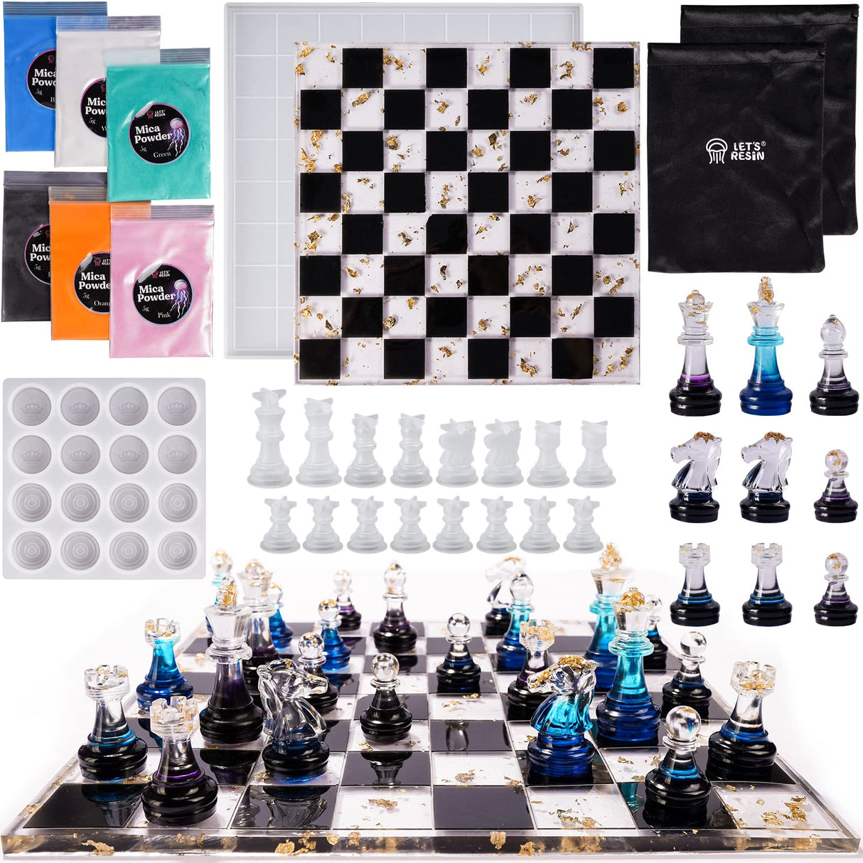 LET'S RESIN Chess Molds for Resin Casting, Upgraded Resin Chess Set Mold with 16 Piece 3D Full Size Chess Checkers & Chess Board Epoxy Silicone Resin LET'S RESIN