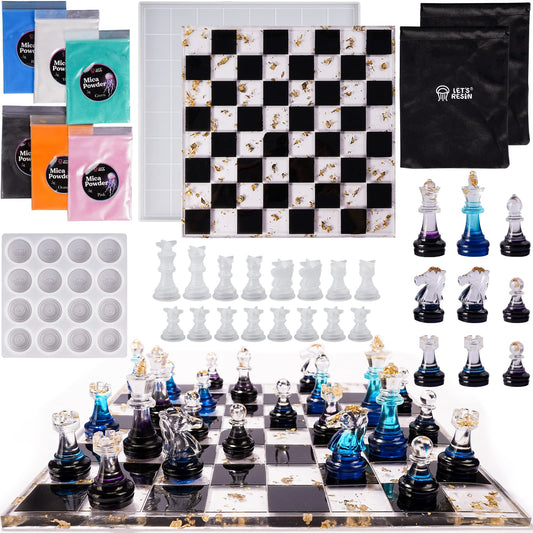 LET'S RESIN Chess Molds for Resin Casting, Upgraded Resin Chess Set Mold with 16 Piece 3D Full Size Chess Checkers & Chess Board Epoxy Silicone Resin - WoodArtSupply