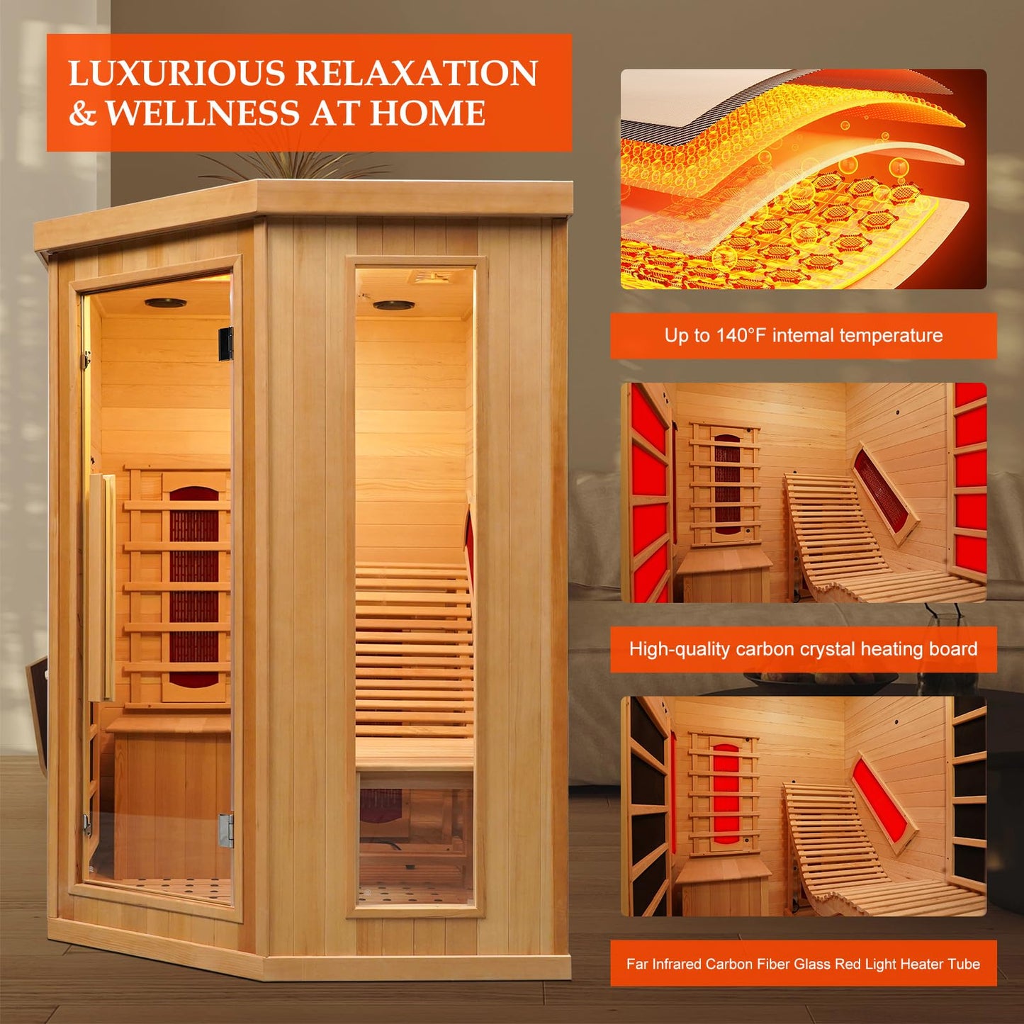 TaTalife Far Infrared Wood Sauna, 1 or 2 Person Home Canadian Hemlock Luxurious Wooden Traditional Indoor Sauna, 2300W Spa Room with Recliner, 8
