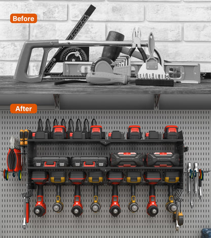 JUNNUJ Large Pegboard Power Tool Organizer with Charging Station, 8 Drills Driver and Tools Battery Holder Wall Mount with 8 Outlet Power Strip, - WoodArtSupply