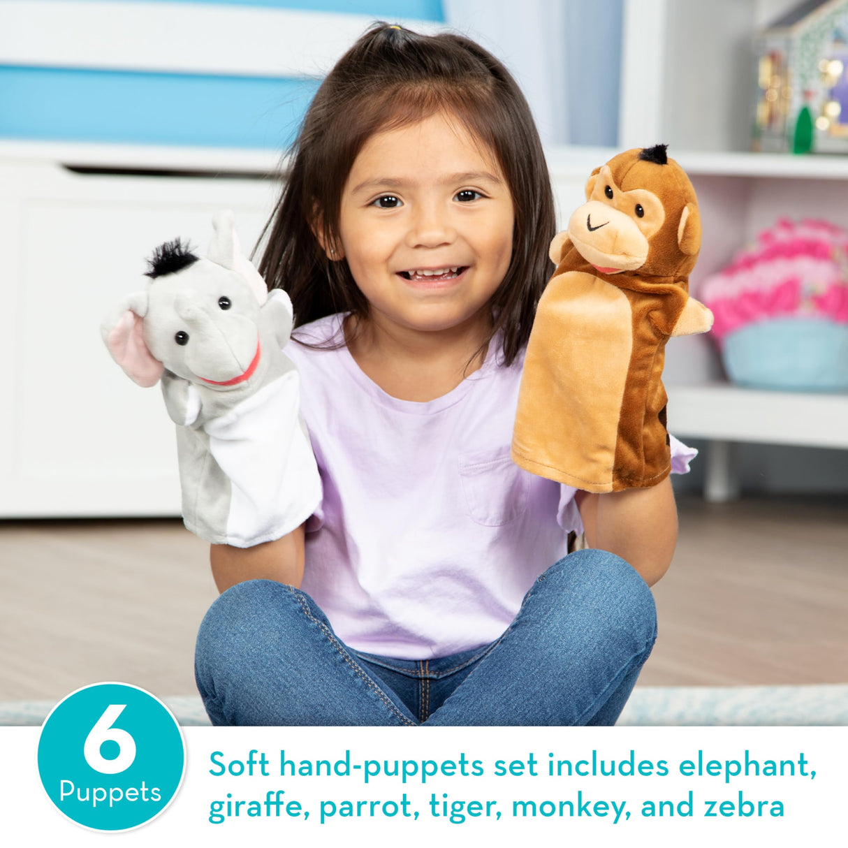 Melissa & Doug Safari Buddies Hand Puppets, Set of 6 (Elephant, Tiger, Parrot, Giraffe, Monkey, Zebra) - Soft, Plush Animal Hand Puppets For Toddlers Melissa & Doug