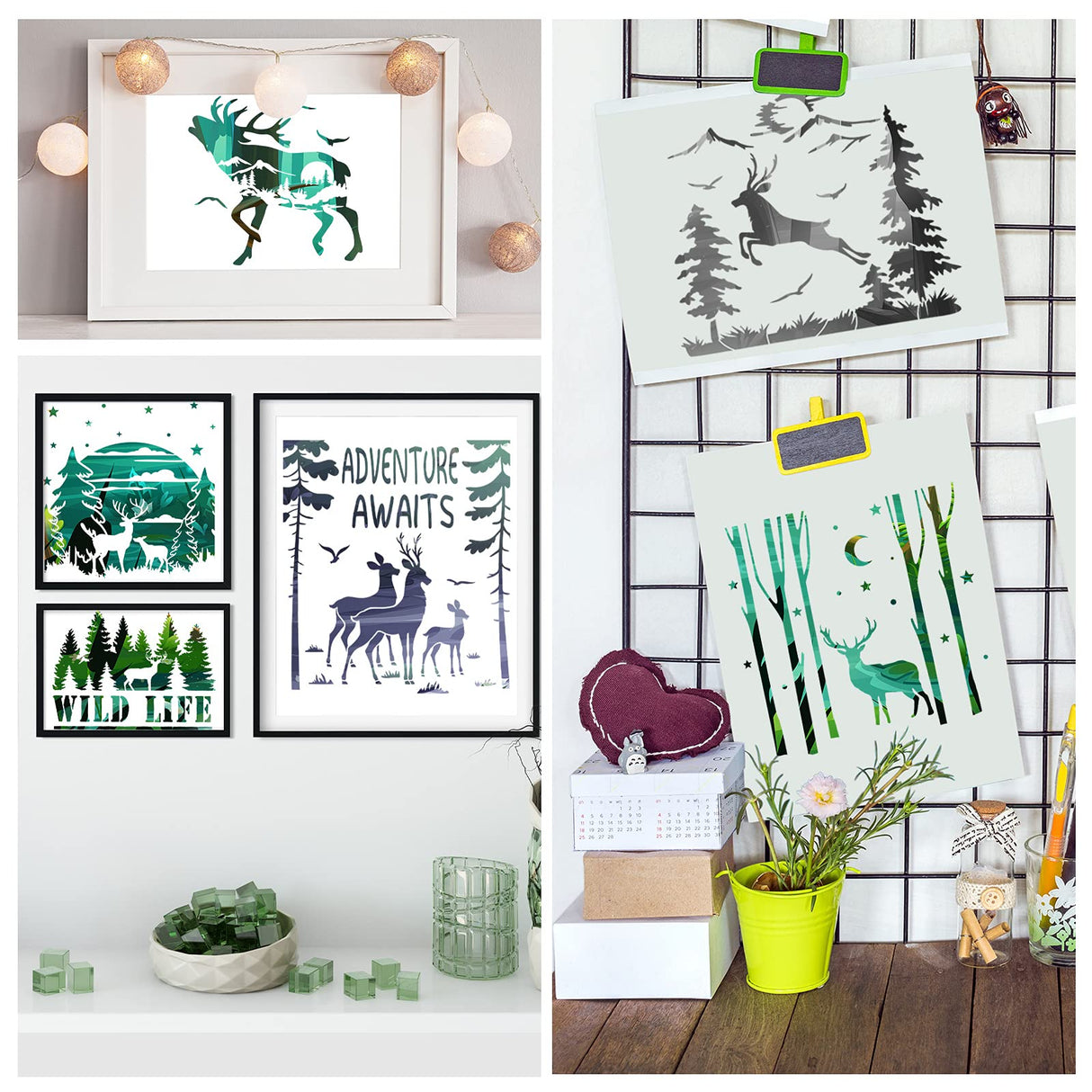 12 Pieces Deer Mountain Stencils for Painting on Wood DIY Animal Moon Tree Stencils Forest Painting Plastic Templates Forest Theme Stencils for Wall Zonon