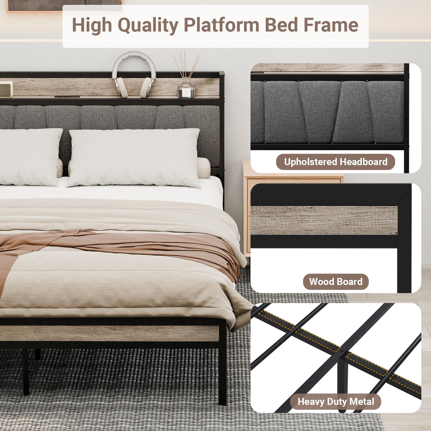 Zevemomo Queen Bed Frame with Integrated Charging Station and Storage Solutions - WoodArtSupply