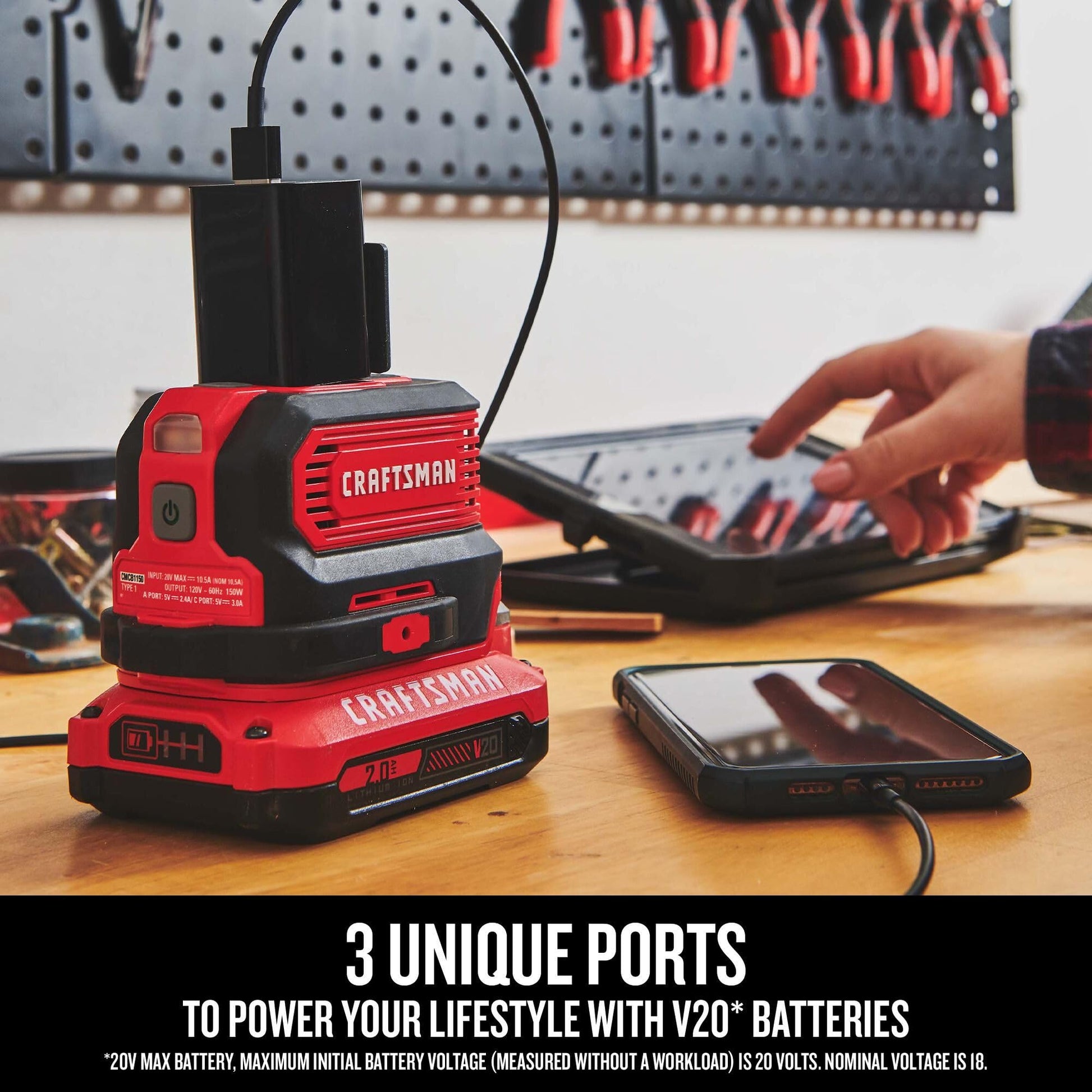 CRAFTSMAN V20 Charger, Power Inverter, Charging Ports for Type-C, Type-A, and AC, 150 Watts, Bare Tool Only (CMCB1150B) - WoodArtSupply