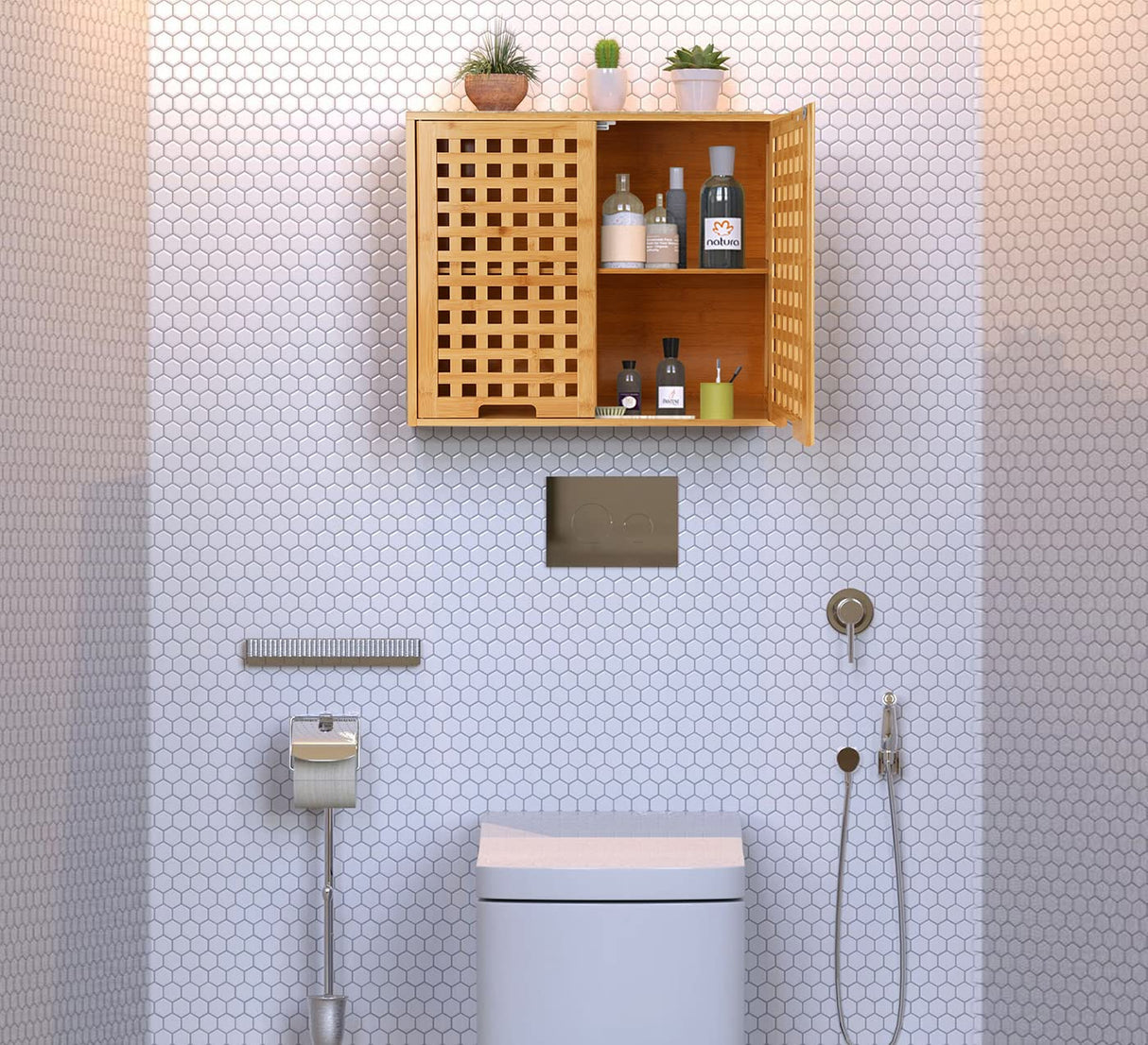 ZYBT Natural Bamboo Bathroom Wall Cabinet with Doors and Shelves, Over The Toilet Storage Solution ZYBT
