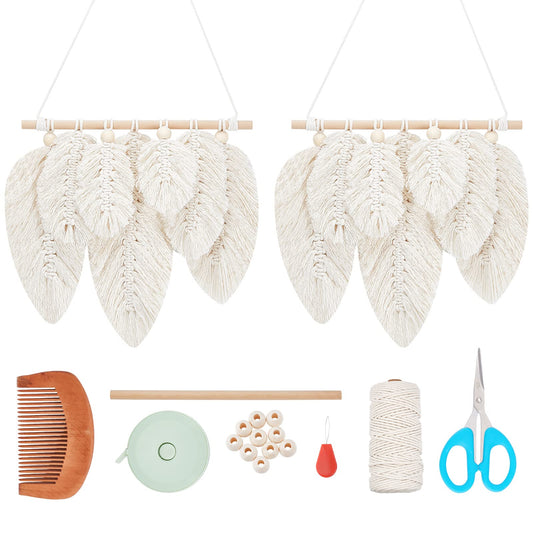 FREEBLOSS 2 Set DIY Macrame Leaf Wall Hanging Kit Macrame Feather 100M Macrame Cord and 20Pcs Wooden Beads Boho Macrame Wall Hanging Decor Macrame - WoodArtSupply